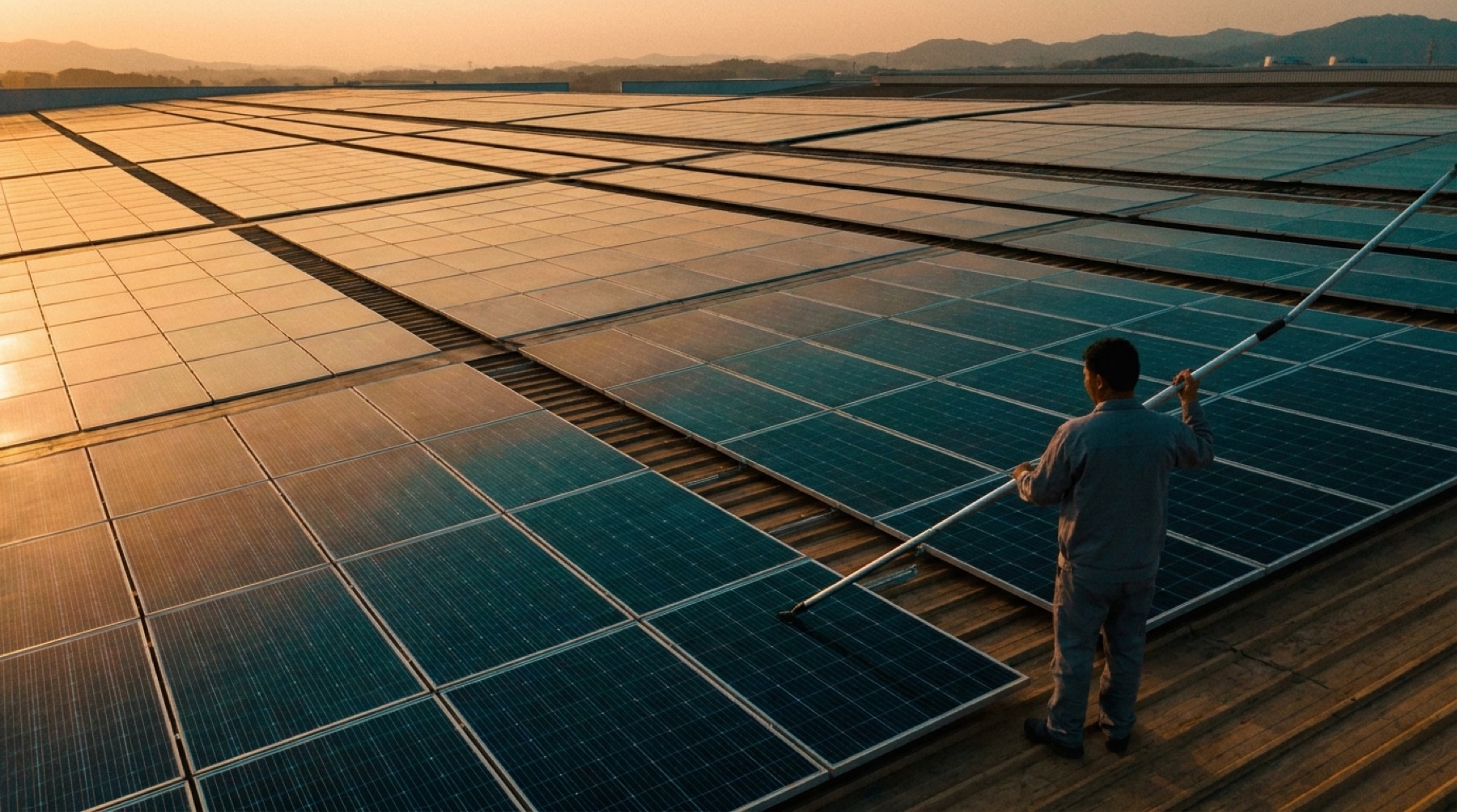 Usina solar em telhado ao entardecer, técnico com haste telescópica entre as fileiras de módulos